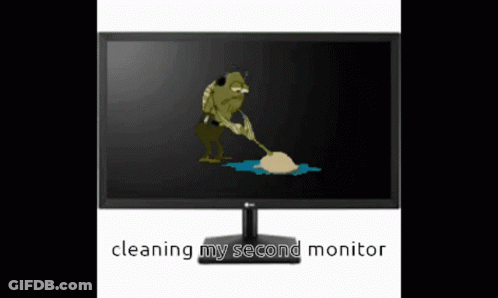 A Computer Monitor With A Picture Of A Frog And The Words " Cleaning My Second Monitor " GIF