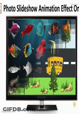 A Computer Monitor With A School Bus And Fish On It And The Words Photo Slideshow Animation Effect On The Bottom GIF