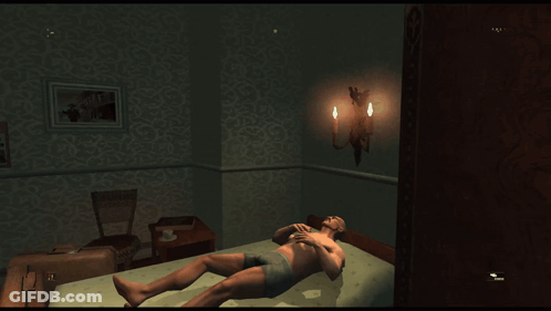 A Computer Screen Shows A Bedroom With A Bed And A Lamp On The Wall GIF