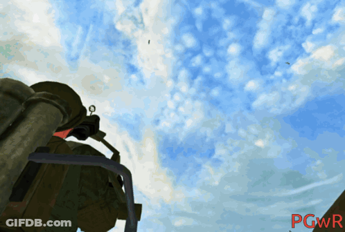 A Computer Screen Shows A Blue Sky With A Few Clouds And The Word Pwr In Red GIF