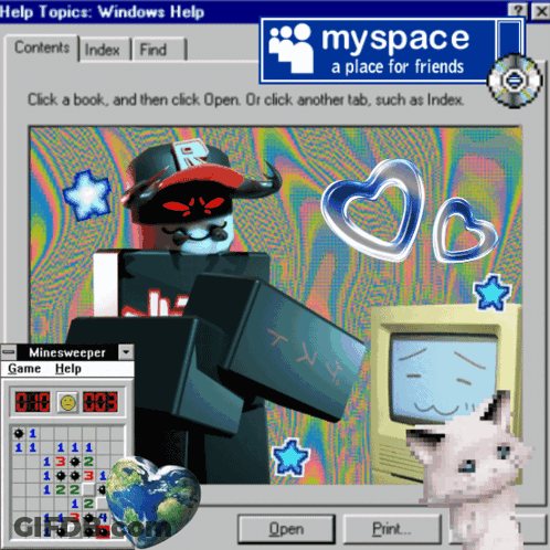 A Computer Screen Shows A Game Called Minesweeper And A Sign That Says Myspace A Place For Friends GIF