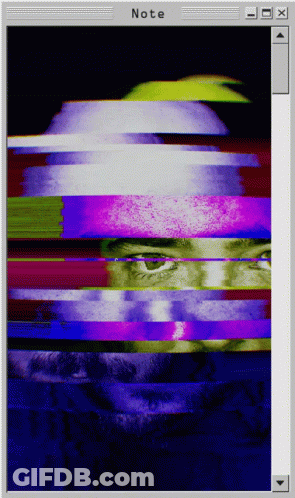 A Computer Screen Shows A Glitch Image Of A Man 'S Face And The Word Note At The Bottom GIF