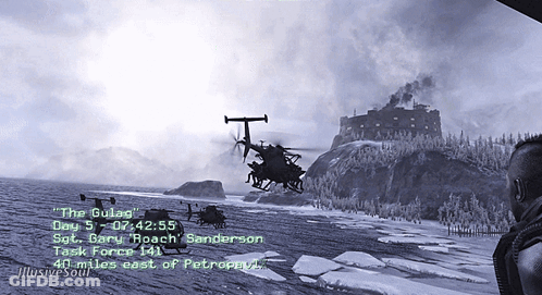 A Computer Screen Shows A Helicopter Flying Over A Body Of Water And Says " The Gulag " GIF