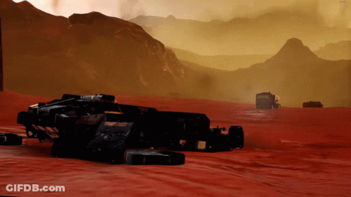 A Computer Screen Shows A Landscape With Mountains In The Background And A Vehicle In The Foreground GIF