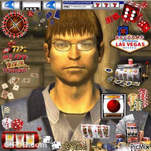 A Computer Screen Shows A Man Surrounded By Casino Las Vegas Icons GIF