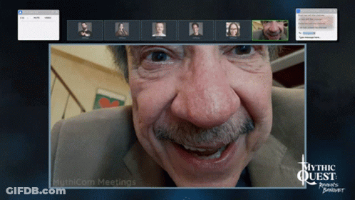A Computer Screen Shows A Man With A Mustache And The Words Mythic Quest On The Bottom GIF