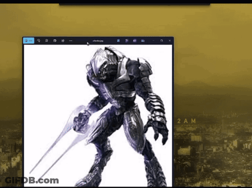 A Computer Screen Shows A Picture Of A Robot Holding A Sword And The Time Is 2Am GIF