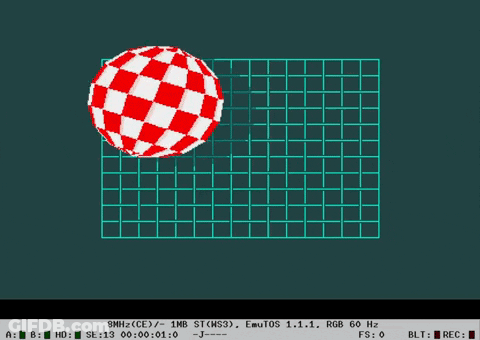 A Computer Screen Shows A Red And White Checkered Ball In Front Of A Blue Grid GIF