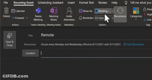 A Computer Screen Shows A Remote Meeting That Occurs Every Monday And Wednesday Effective 8/1/2021 Until 9/11/2021 GIF