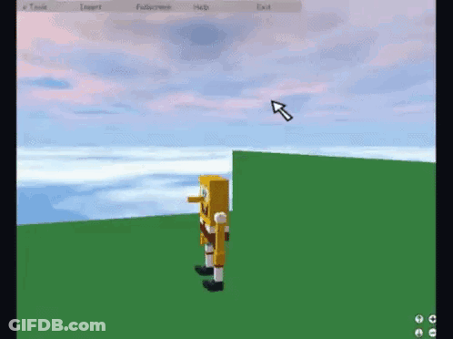 A Computer Screen Shows A Spongebob Character Standing On A Grassy Field GIF