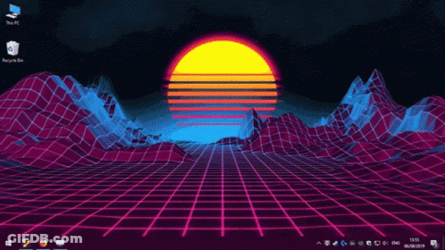 A Computer Screen Shows A Sunset Over A Grid GIF