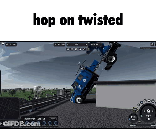 A Computer Screen Shows A Truck On Its Side With The Words Hop On Twisted Above It GIF