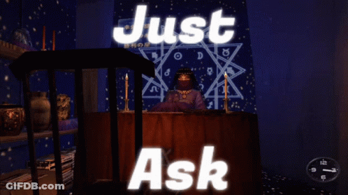 Woman Sitting At Table With Just Ask Text GIF