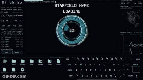 A Computer Screen That Says Starfield Hype Loading 75 % GIF