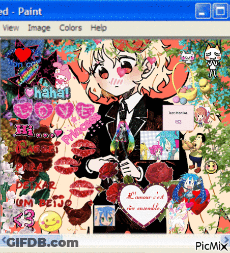 A Computer Screen With A Girl Holding A Bouquet Of Red Roses And A Sign That Says Just Monika GIF