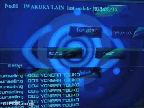A Computer Screen With A Picture Of A Girl And The Words " Iwakura Lain Last Update " GIF