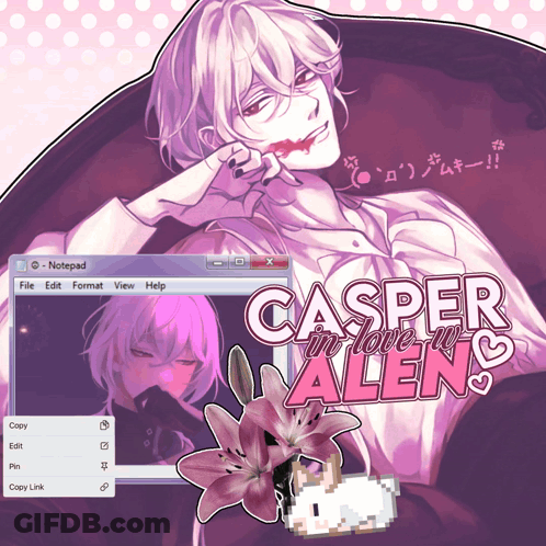 A Computer Screen With A Picture Of A Man And The Words Casper In Love With Allen GIF
