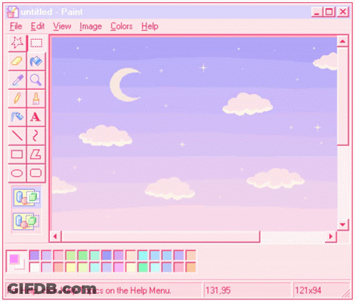 A Computer Screen With A Pink Sky And Clouds And A Crescent Moon GIF