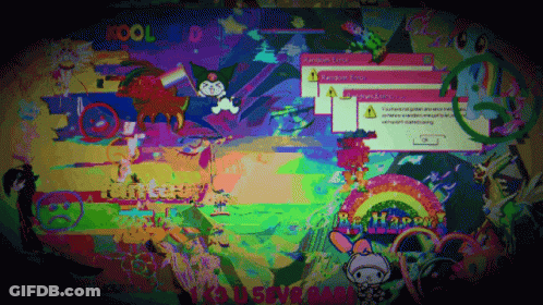 A Computer Screen With A Rainbow Colored Background And The Word Kool Kid On The Bottom Right GIF