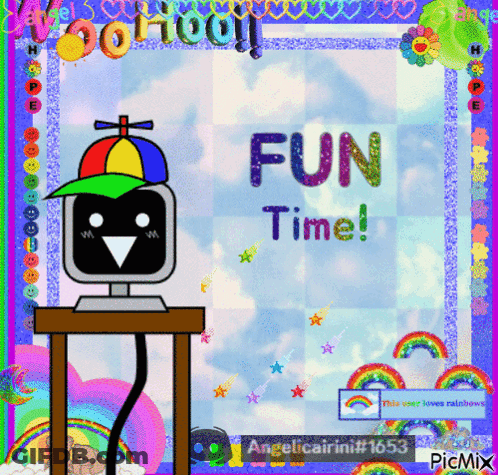 A Computer With A Colorful Hat And The Words Fun Time On The Bottom GIF