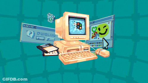 A Computer With A Smiley Face On The Screen Is Surrounded By Other Icons GIF