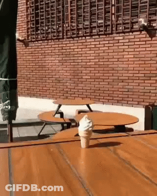 A Cone Of Ice Cream Is Sitting On A Wooden Table In Front Of A Brick Wall . GIF