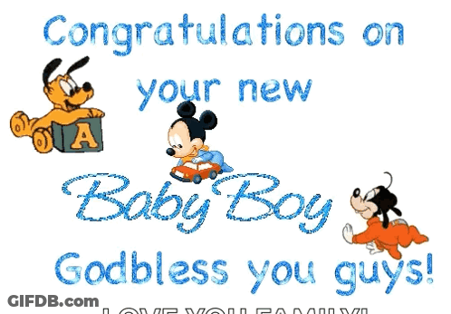 A Congratulations Card For A Baby Boy With Mickey Mouse And Goofy GIF