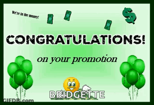 A Congratulations Card For Bridgette With Green Balloons And Money GIF
