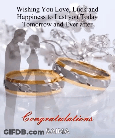 A Congratulations Card With A Silhouette Of A Bride And Groom And Wedding Rings GIF