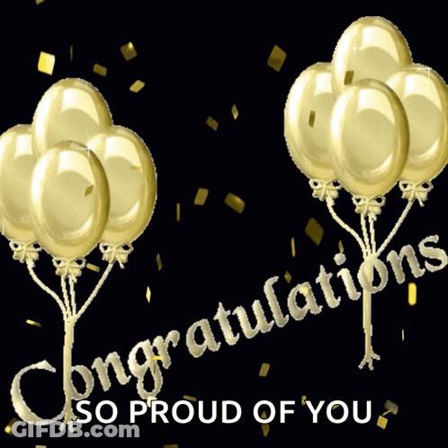 A Congratulations Card With Gold Balloons On A Black Background GIF