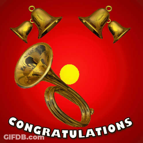 A Congratulations Greeting Card With A Trumpet And Bells GIF