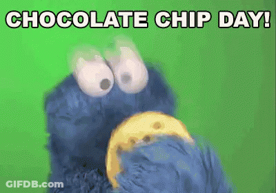 A Cookie Monster Is Eating A Cookie And The Words Chocolate Chip Day Are Above It GIF
