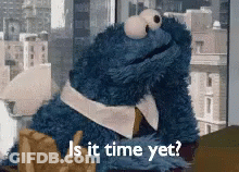 A Cookie Monster Is Sitting In Front Of A Window And Asking Is It Time Yet GIF