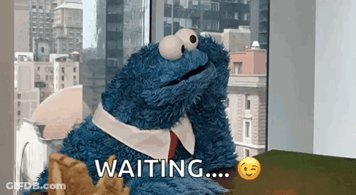 A Cookie Monster Is Sitting In Front Of A Window And Says Waiting GIF