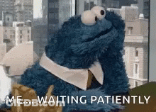 A Cookie Monster Is Sitting In Front Of A Window With The Words `` Me ... Waiting Patiently '' . GIF