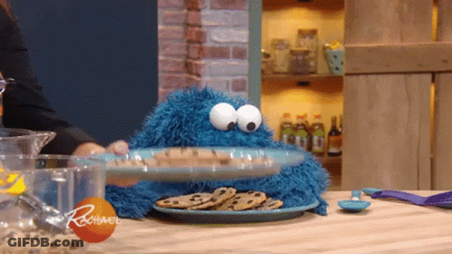 A Cookie Monster Is Sitting On A Plate Of Cookies With Rachael Written On The Bottom GIF