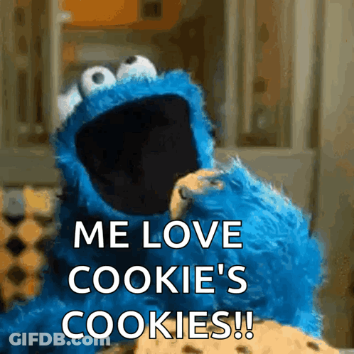 A Cookie Monster Says " Me Love Cookie 'S Cookies " While Eating A Cookie GIF