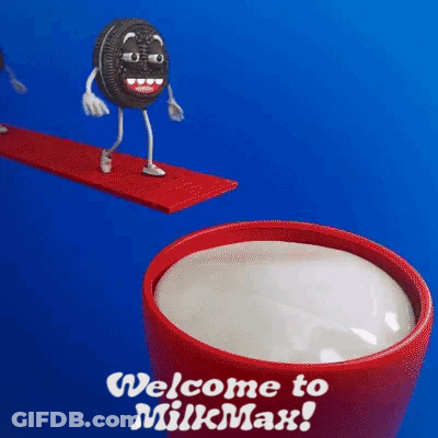 A Cookie With Arms And Legs Is Jumping Off A Diving Board Into A Cup Of Milk .. GIF