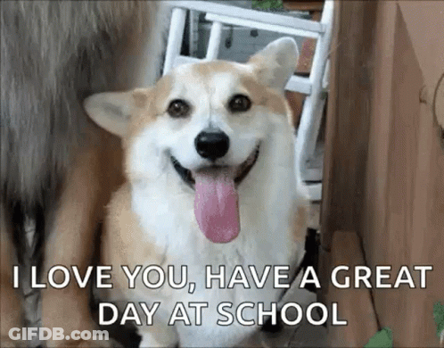 A Corgi Dog With Its Tongue Out Is Smiling And Says `` I Love You , Have A Great Day At School '' GIF