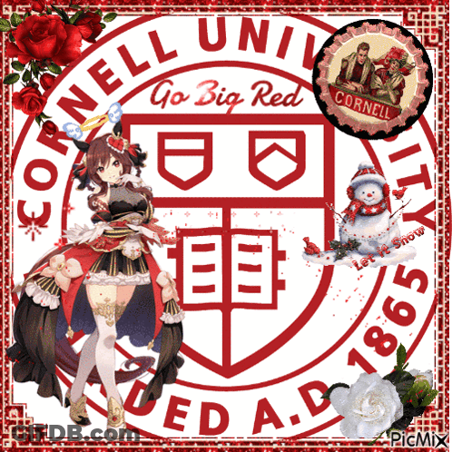 A Cornell University Logo With A Girl And A Snowman On It GIF