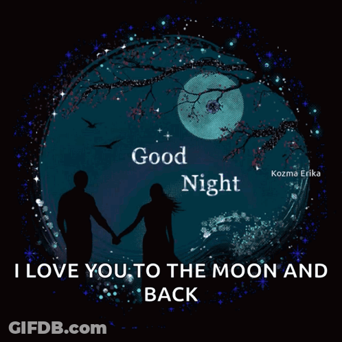A Couple Holding Hands In Front Of A Full Moon With The Words " Good Night I Love You To The Moon And Back " GIF
