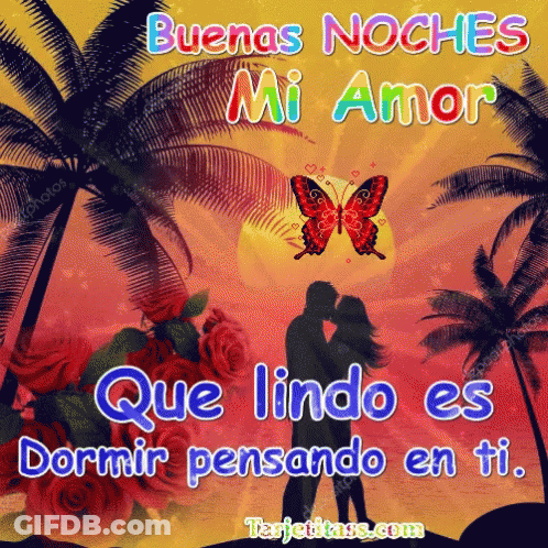 A Couple Kissing In Front Of Palm Trees With A Butterfly And The Words Buenas Noches Mi Amor GIF