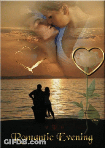 A Couple Kissing On A Beach With The Words Romantic Evening GIF