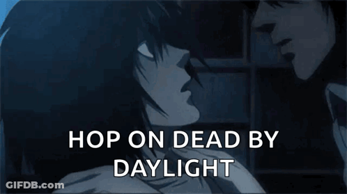 A Couple Kissing With The Words " Hop On Dead By Daylight " Above Them GIF
