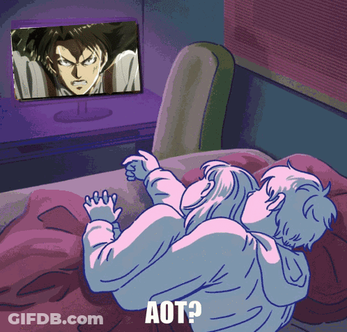 A Couple Laying On A Bed Watching A Tv With The Words Aot On The Bottom Left GIF