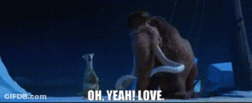 A Couple Of Animals Standing Next To Each Other With The Words Oh Yeah Love GIF
