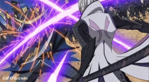 A Couple Of Anime Characters Are Fighting Each Other With Swords And Purple Lights . GIF