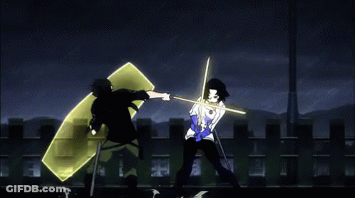 A Couple Of Anime Characters Are Fighting With Swords And Shields GIF