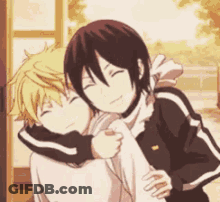 A Couple Of Anime Characters Are Hugging Each Other And Smiling . GIF