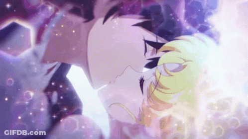 A Couple Of Anime Characters Are Kissing Each Other In A Purple Background . GIF